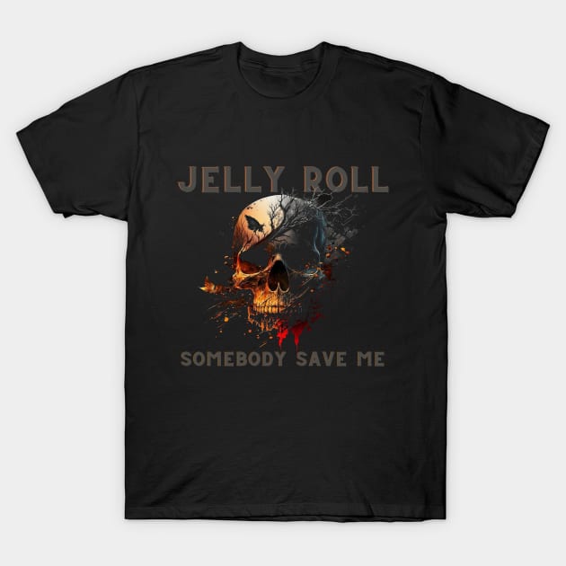 Jelly Roll "Somebody Save Me'" Skull Shirt Gray and Orange Letters T-Shirt by jackofdreams22